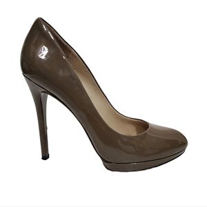 Brian Artwood Brown Taupe Patent Leather Platform Pumps Heels Shoes Event Evenin